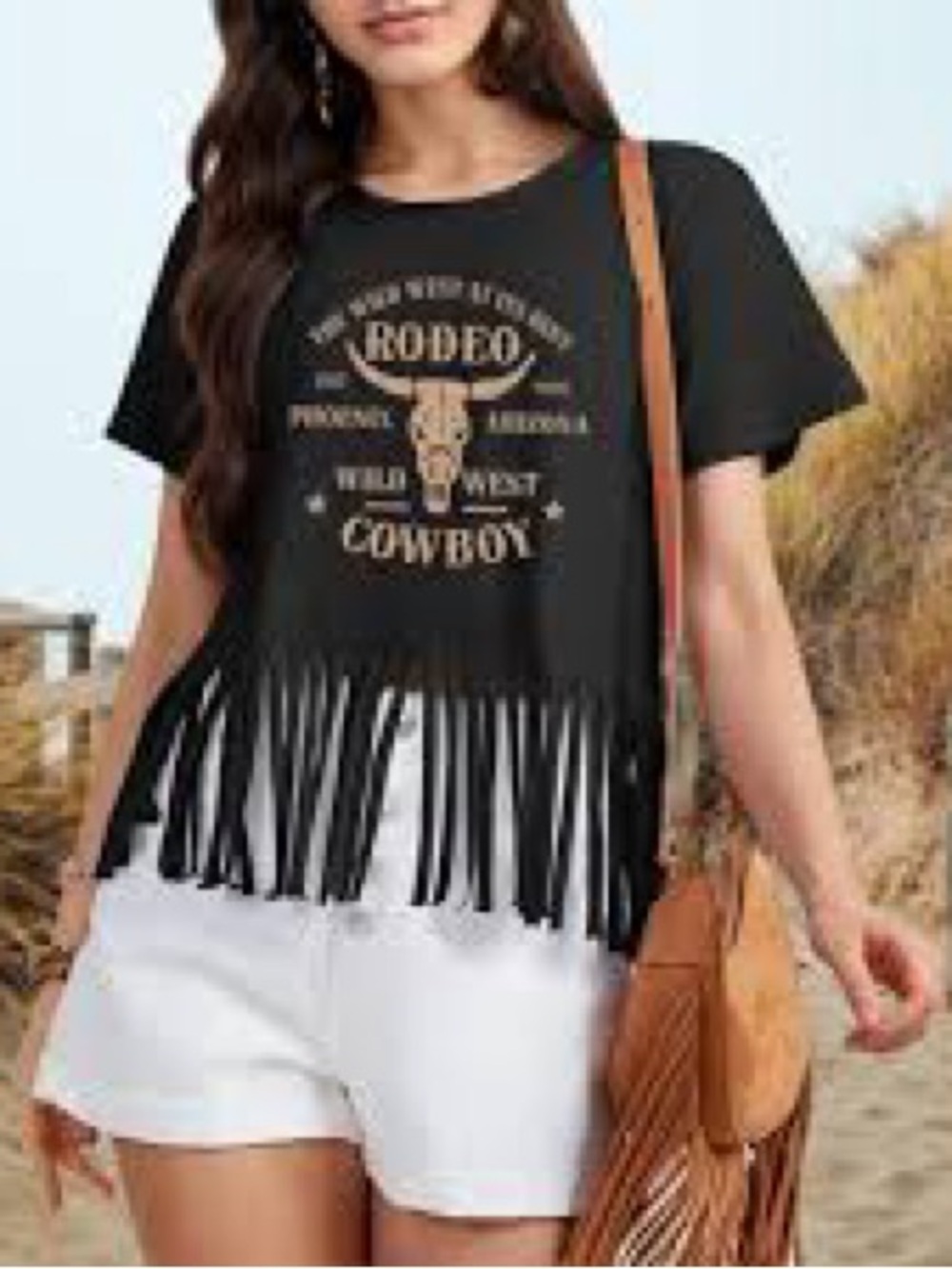 Originality Lone Star Rodeo Black Fringe Short Sleeve Graphic Tee.